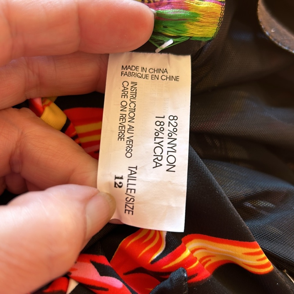 Bikini Bay One Piece Size‎ 12 Halter Swimsuit Black Orange Yellow Leaf Pattern - Picture 10 of 13